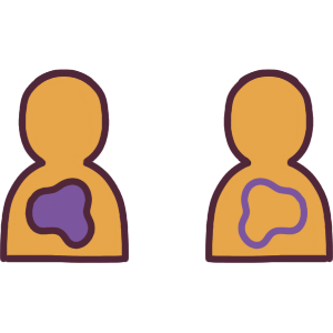 a symbol of two yellow silhouettes. The one on the left has a purple blob on their chest to represent emotion, and the one on the right has an outline of a purple blob